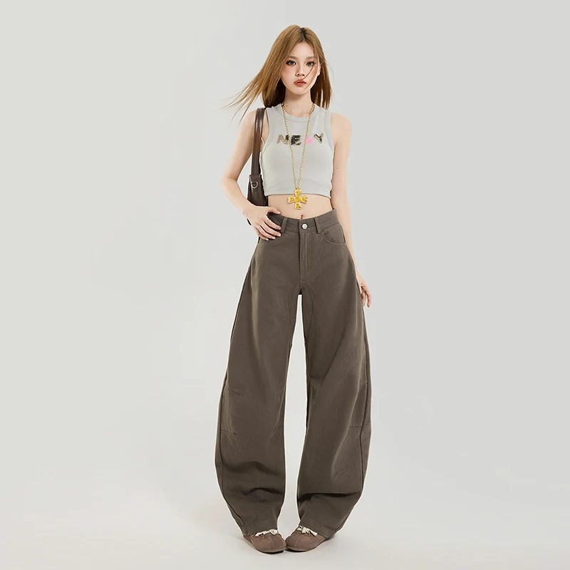 

Street style Maillard silhouette wide leg curved jeans new men's and women's American retro pleated loose pants 2025