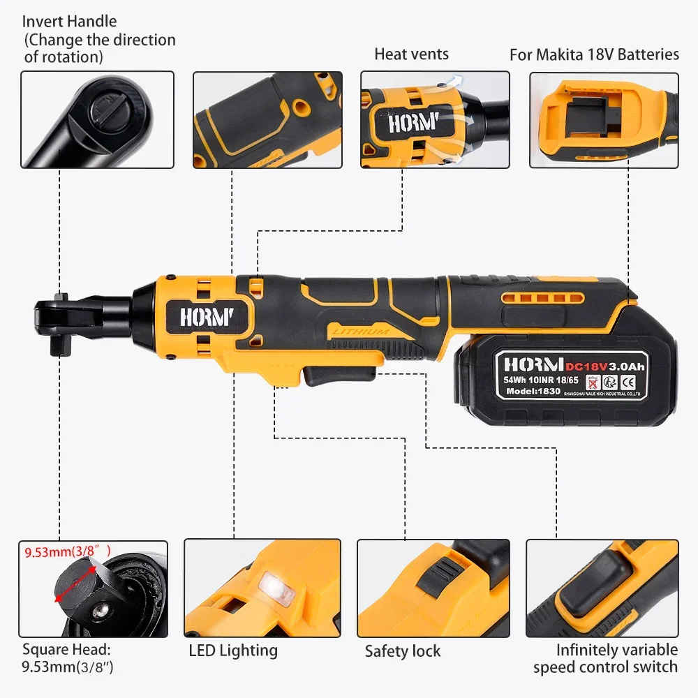 Hormy Electric Ratchet Wrench 3/8\'\' Cordless Rechargeable Screwdriver Removal Nut 50N.m Car Repair Tool For Makita 18V Battery