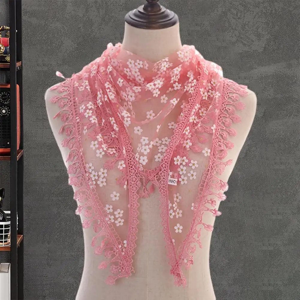 Women Solid Color Scarf Daily Wear Scarf Elegant Floral Embroidered Lace Triangle Scarf Lightweight Soft Shoulder Decoration