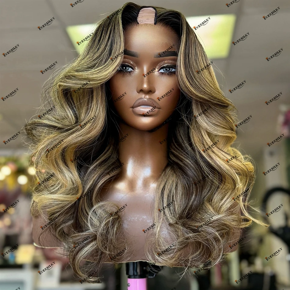 

Honey Blonde Highlight Balayage Super Wave Human Hair U Part Wig for Black Women 200Density Remy Indian Hair V Part Wigs