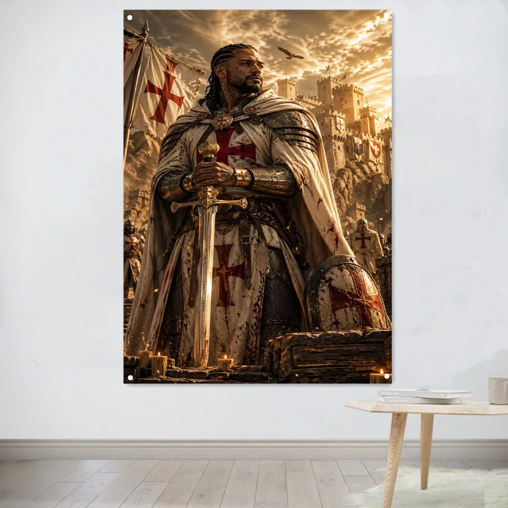 Crusader Warrior Banner Wall Hanging Cloth Vintage Knights Templar Art Tapestry Posters Prints Canvas Painting Wall Decor Flag 8