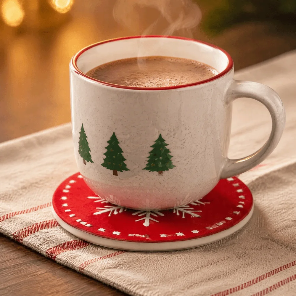 6PCS Round Christmas Wooden Coasters Printed Pattern Lightweight Drink Cup Mats Unique Santa Claus Snowflake Pattern