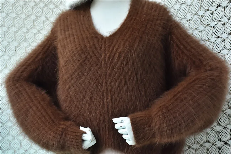 Heavy Thick Women Mujer Autumn Winter Clothing Hairy Mink Cashmere Knitted V-Neck Lazy Oaf Loose Pullover Sweater Jumper Pull