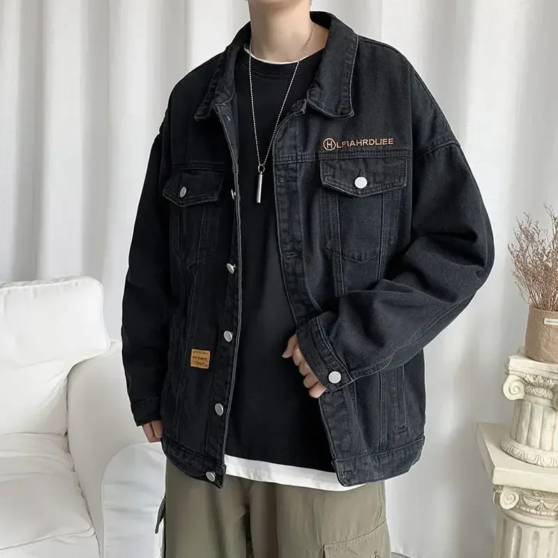 Denim Jackets Man Wide Sleeves Jeans Coat for Men Overcoat Black with Embroidery Loose Winter Outerwear Korea in Lowest Price G