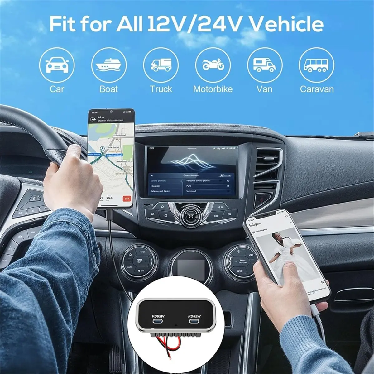 BIGSALE-130W Car Charger Panel Dual 65W PD3.0 USB C Ports Fast Charging Power Outlet Socket for 12V/24V RV Boat Truck Bus