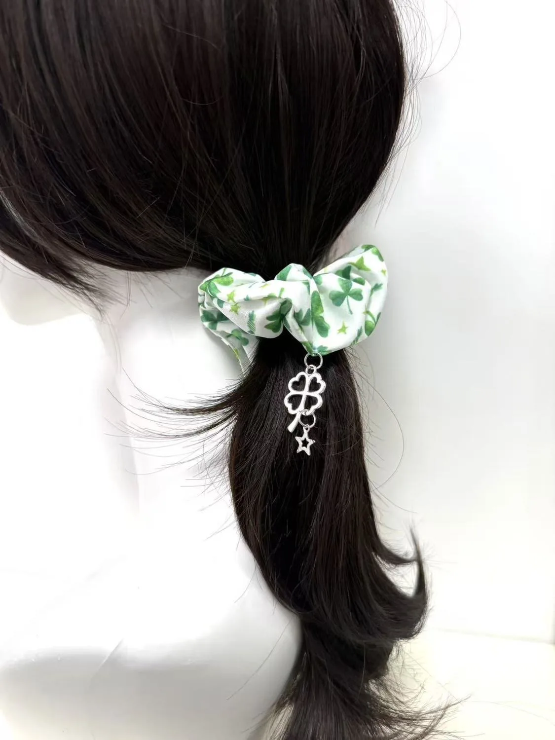 2pc Sweet Four-leaf Clover Lucky Retro Star Green Floral Large Intestine Hair Tie Ponytail Hair Rope Elastic Hair Accessories