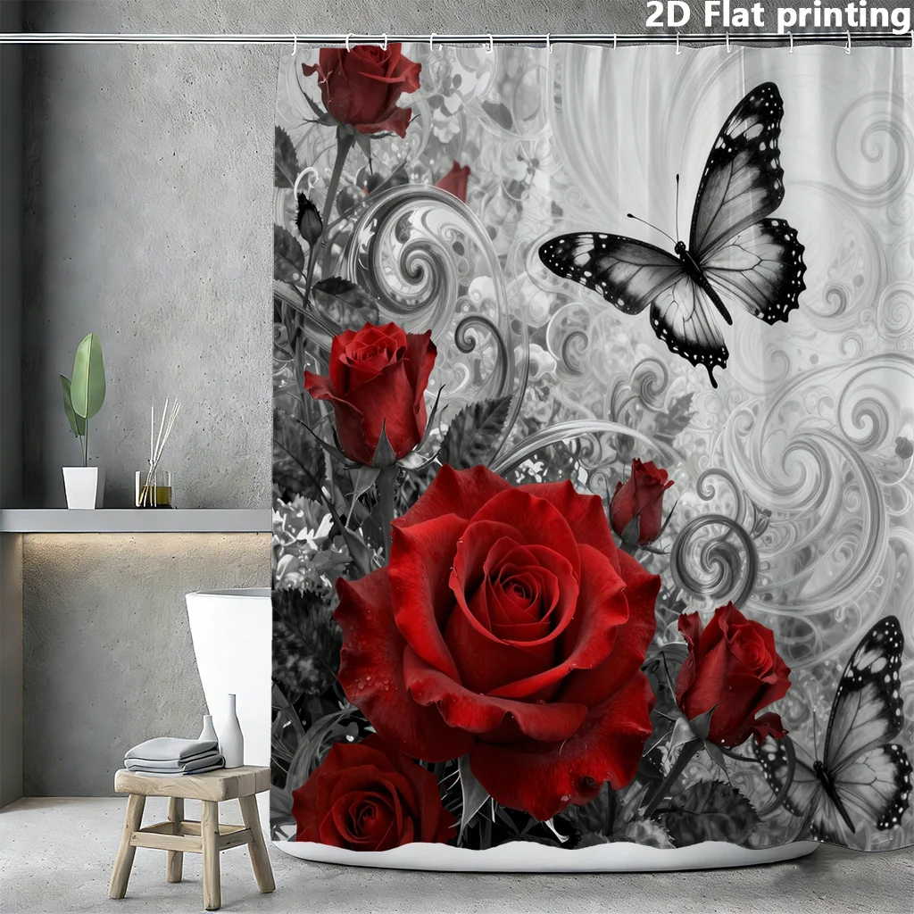 2D Flat, 1pc Elegant Red Roses & Black/White Butterfly Shower Curtain - Grommet Top Window Panel Suitable for Bathroom,, Decor -