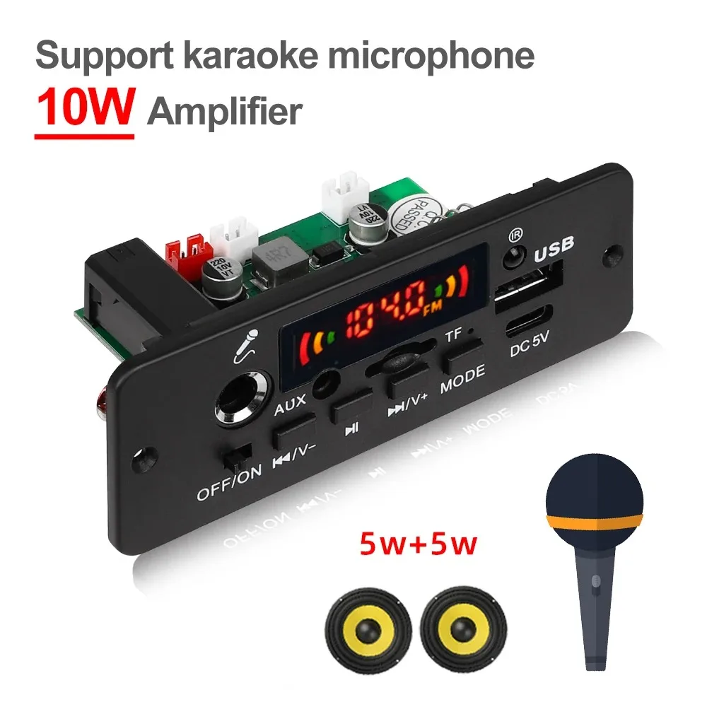 10W Amplifier Bluetooth 5.0 MP3 Decoder Board 5V Car MP3 Player USB FM Recording Folder Switching Microphone Handsfree Control