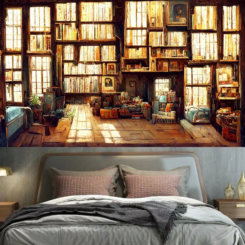 Magic Book House Wall Hanging Retro Bookshelf Tapestry Hippie Bohemian Decoration Tapestry Bedroom Home Decoration