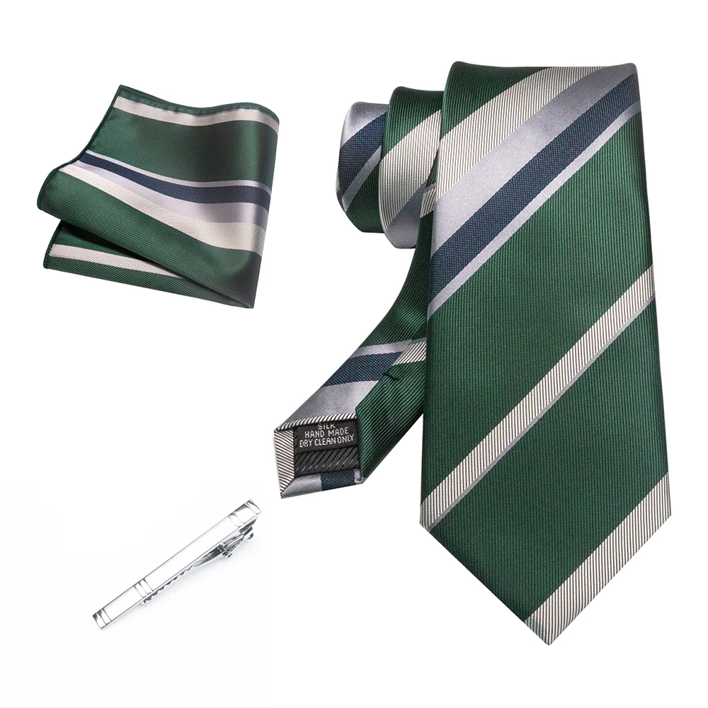 Herren Marineblau Krawatte Rot-Grün Gestreiftes Krawattenset Glänzender Clip Hochwertiges Einstecktuch für Business-Anzüge Anlässe Hochzeit Party – Detail 22