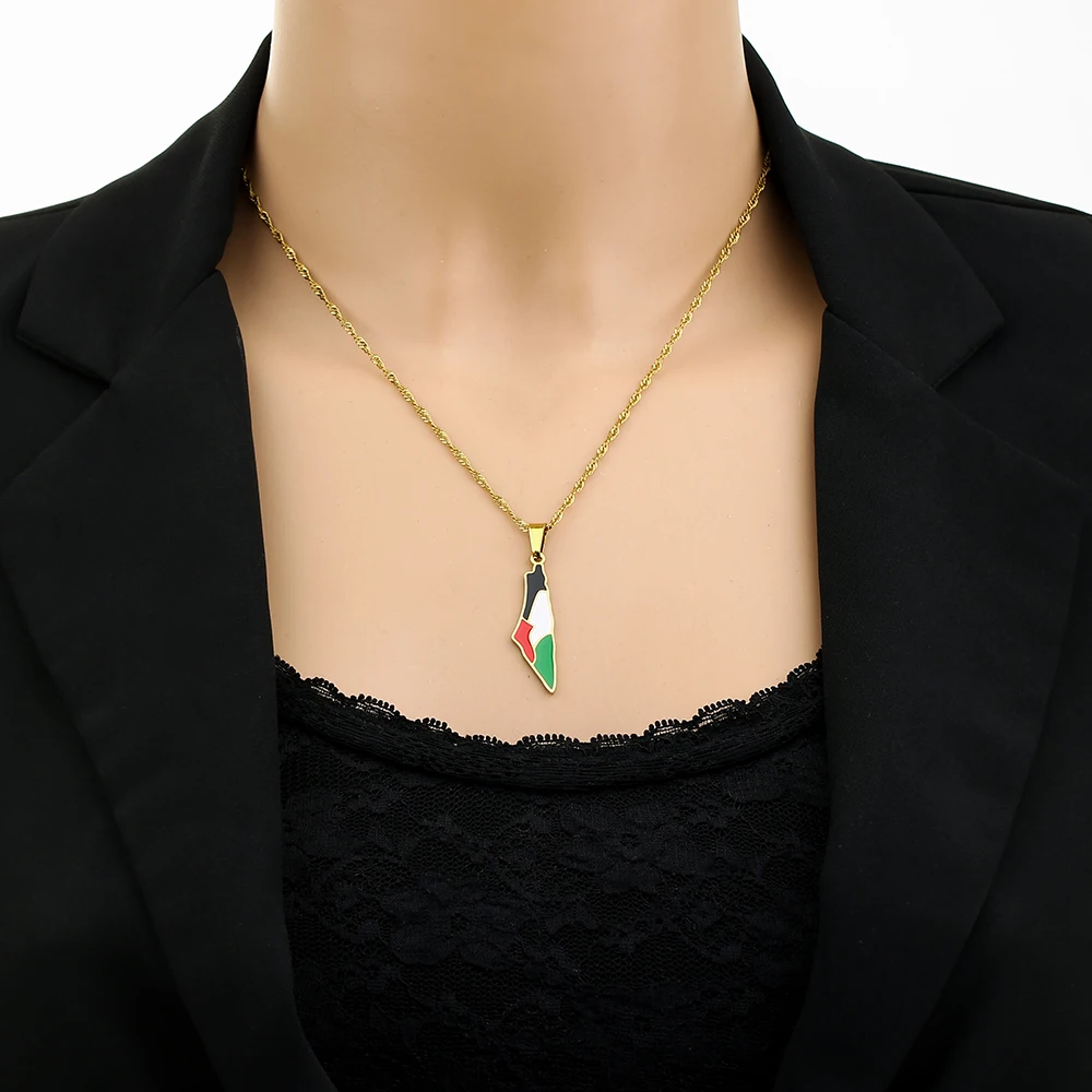 Fashion State of Palestine Map Flag Pendant Necklace Stainless Steel Men Women Country Map Ethnic Jewelry Gift view 5