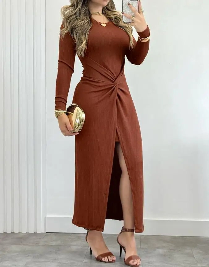 

Womens Dresses 2025 Spring New Solid Color Long Sleeve Waist Twist Bodycon Slit Dress Casual Round Neck Slim Fit Midi Dress