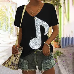 Summer Musical Note 3D Print T-shirts Women Casual Fashion Streetwear Short Sleeve V-Neck T Shirt Harajuku Tees Tops Clothing