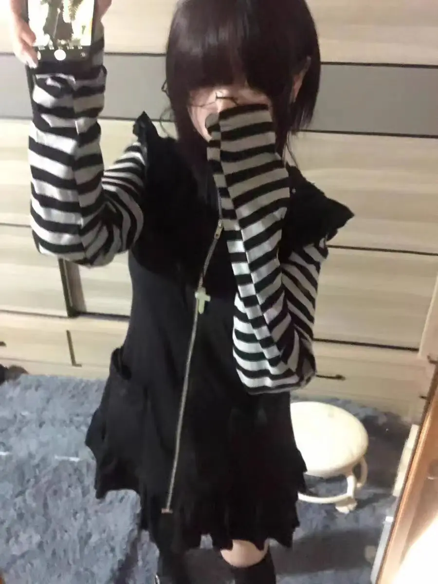 Hollow Out Striped Tops Autumn Spring Y2K Clothes Rivet Cat Ear Sleeveless Zip Up Hooded Coat with Tail New in Matching Sets