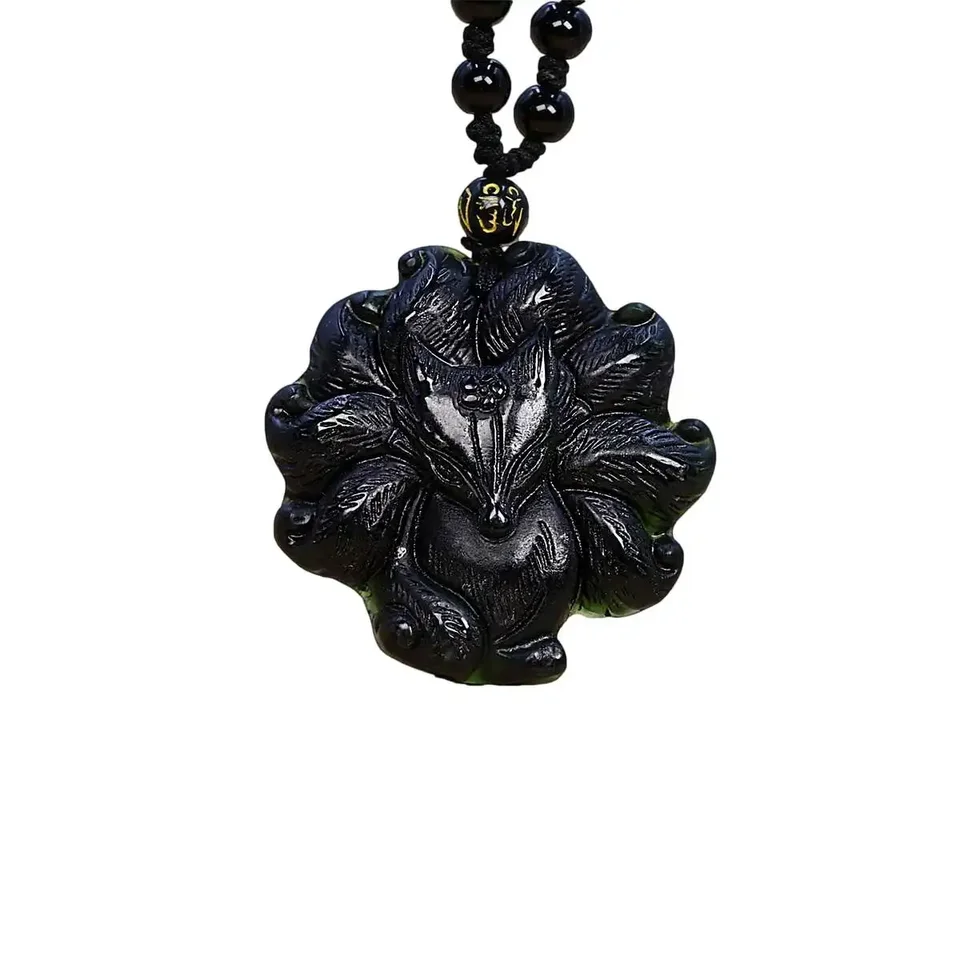Jade Nine Tailed Fox Pendant Black Necklace Accessories Gemstone