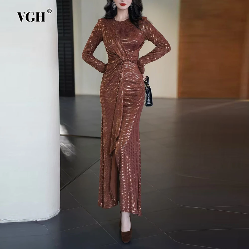 

VGH Luxurious Dinner Spliced Bandage Midi Dresses for Women O Neck Long Sleeve Patchwork Sequin Bodycon Chic Party Dress Female