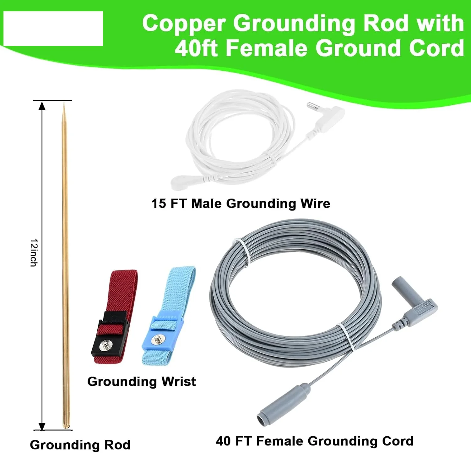 Copper Grounding Rod with 40ft Female Ground Cord Portable Ground Rod Kit with 15ft Male Wire for Pillowcase Blankets