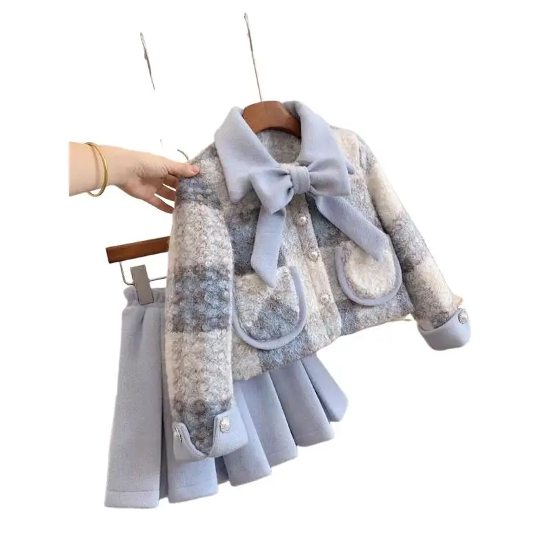 Girls Autumn Outfit French Style Plaid Coat Pleated Skirt Two Piece Set Big Girl Kids Fall Clothes Fashion Toddler Outfits ﻿