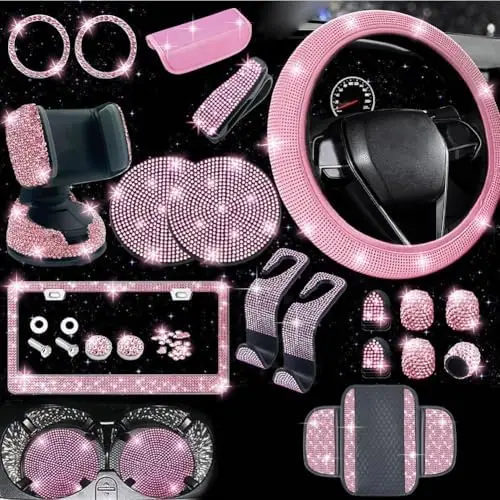 

Arricraft 28-Piece Pink Bling Car Accessories Set – Universal Fit with Charger & Console Cover