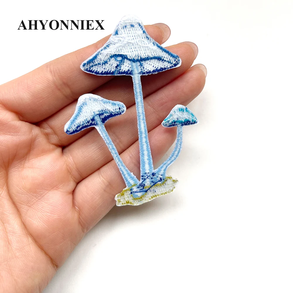 Delicate Blue Mushroom Patches Embroidered Sticker Iron On Patches for Clothes Applique DIY Clothing Accessories