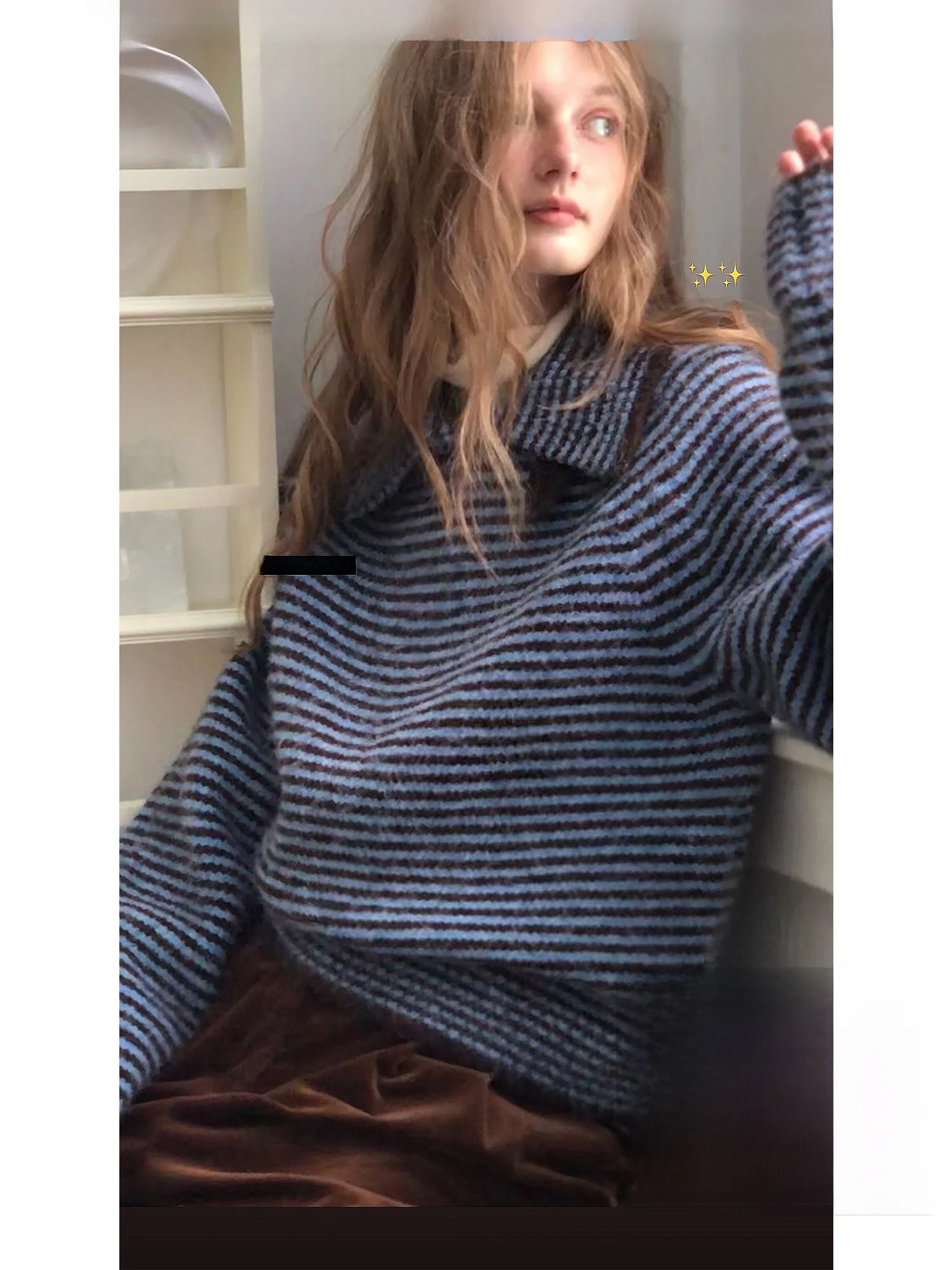 

Soft Woolen Sweater Women's Turn-down Collar Thi Knit Warm Striped Color Blo Autumn Winter Faion Commute Sle Loose Fit