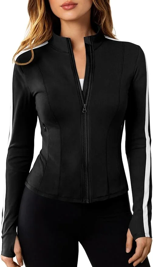 

Fisoew Women's Zip Up Workout Jackets Lightweight Contrast Colors Long Sleeve Gym Shirts Athletic Tops With Thumb Holes