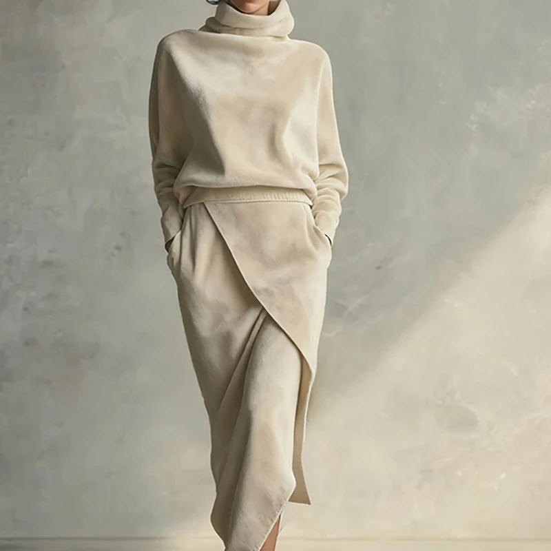 Velvet Turtleneck Long Sleeve Tops&Irregular Half Skirts Sets Spring Autumn New Women High Waist Commute Sets Simple Solid Sets
