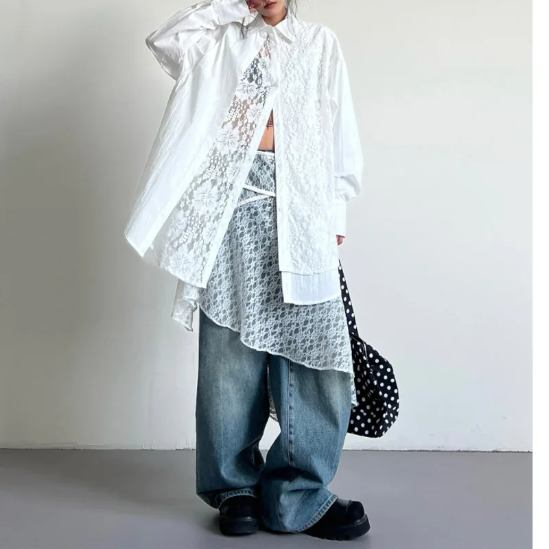 BJTZ Weiße Spitze Patchwork Gefälschte Zwei-stück Langarm Shirt Für Frauen Frühling Sommer 2025, Neue Designer Schwere Industrie lose Top