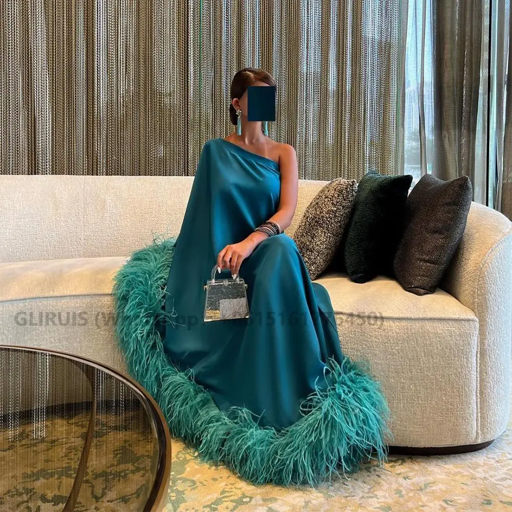 Dubai Green Feathers Satin Evening Dresses One Shoulder Pleat Ruched Saudi Arabic Women Formal Party Prom Gowns Customized