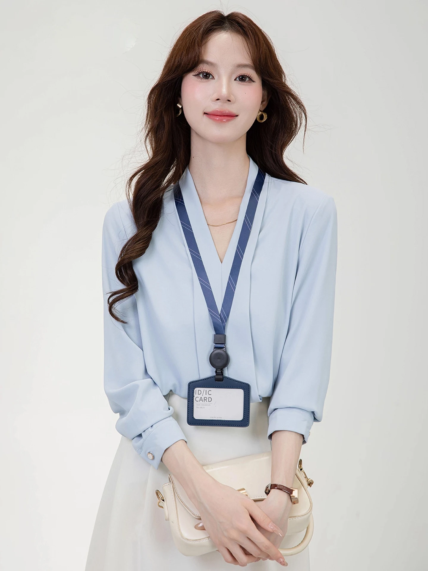 

Blue V-Neck Shirt Women's Spring Autumn New Style Professional Formal Suit Inner Wear Top Light Maturity Style French Style