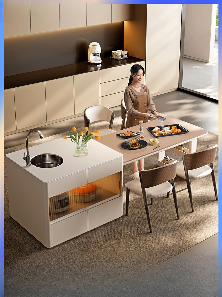 Island Table With Sink, Integrated Rock Slab Household, Modern Simple And Multi-functional Telescopic Storage Guide