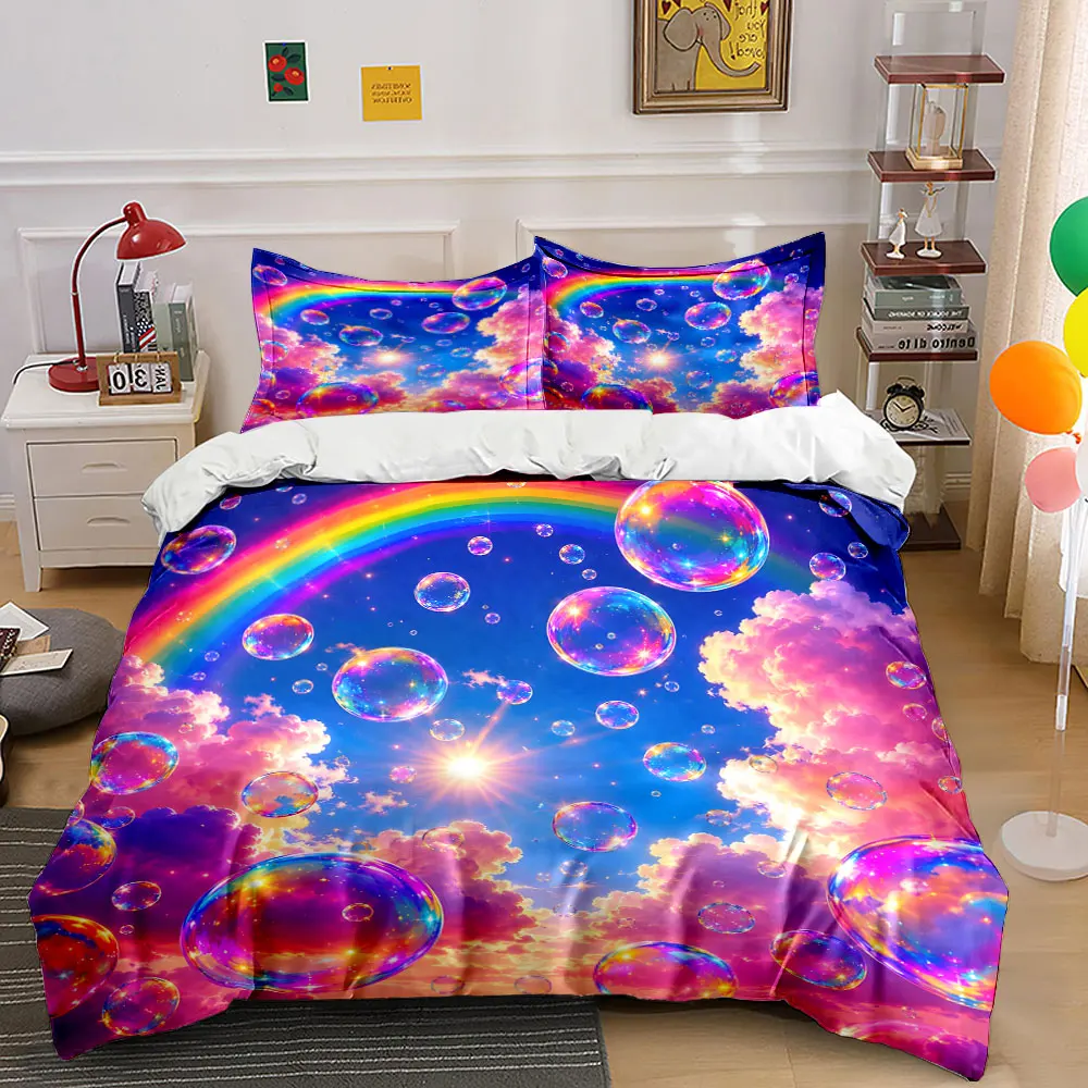 

Dreamy Bubbles Under Rainbow Sky Print Bedding Set 1 Duvet Cover 2 Pillowcases for Adult and Children Luxury Gift Full Size