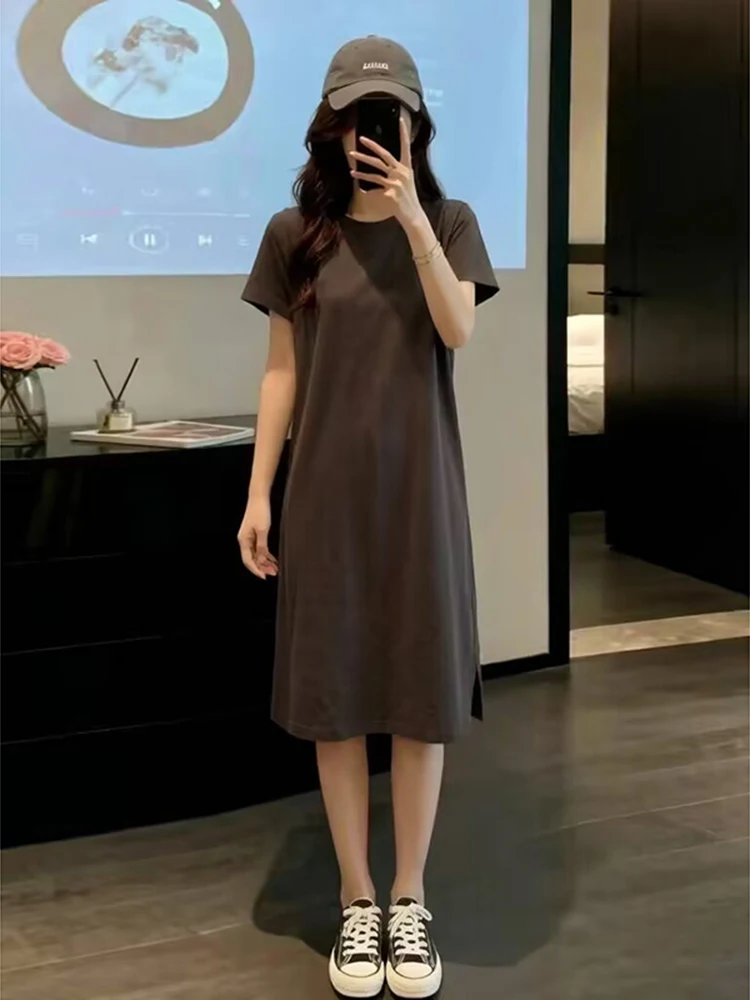 Casual Cotton Summer Dress Women's Short Sleeve Draped Loose Slimming Print Dress Korean Style round Neck H-Shape Dress