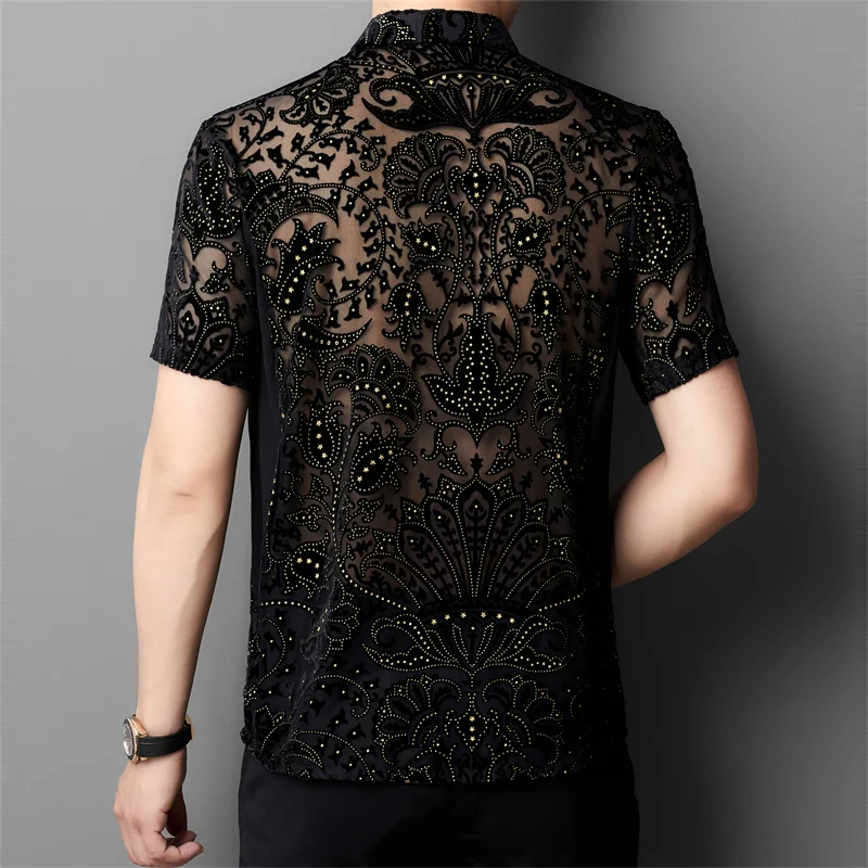 Hollow Transparent Fashion Shirts For Men Short Sleeve Easy Care Summer Quality Velvet Silky Breathable Trends Camisas De Hombre