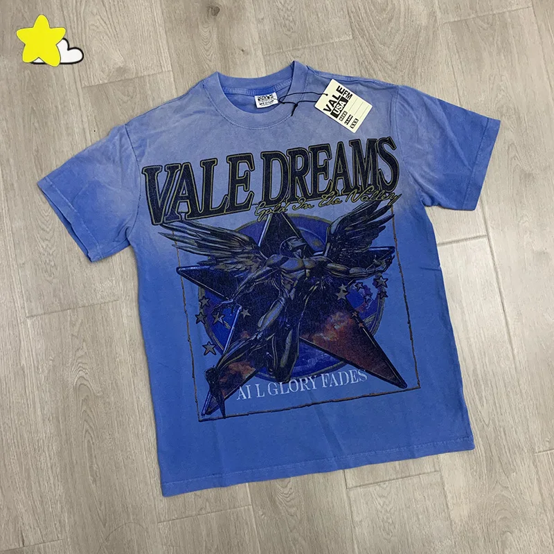 

Винтажная потертая футболка High Street Blue Valley для мужчин и женщин, хлопковая футболка высшего качества, классическая футболка с принтом звездного ангела Vale