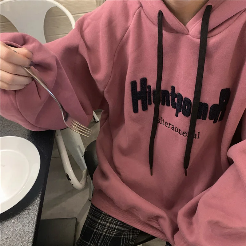 2025 Hoodies Women Lady Clothing Trendy Letter All-Match Warm Korean Style Thick Loose Hoodies New Design Simple Basic Ins