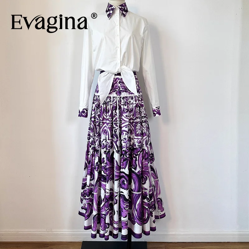 Evagina 2025 Otoño e Invierno Falda con volantes de viaje en la playa con estampado de cerámica púrpura Falda de cintura alta de algodón