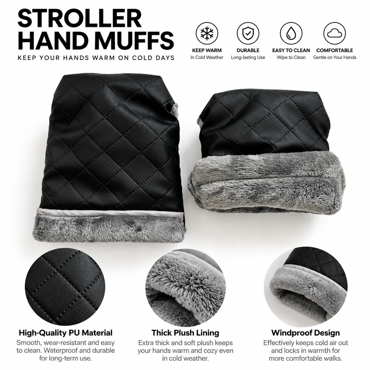 Universal Stroller Handlebar Mittens Winter Warm Windproof Fleece Lined Hand Muffs for Pram Pushchair Baby Accessories