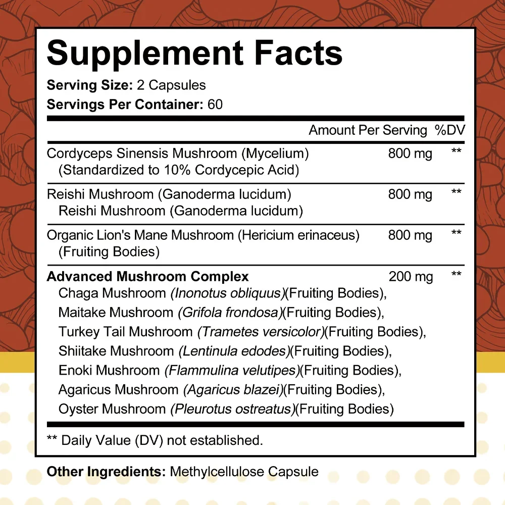 Organic Mushroom Capsules 2600MG, with Lion's Mane, Reishi & Cordyceps, Supports Immunity, Brain Focus, Memory & Energy