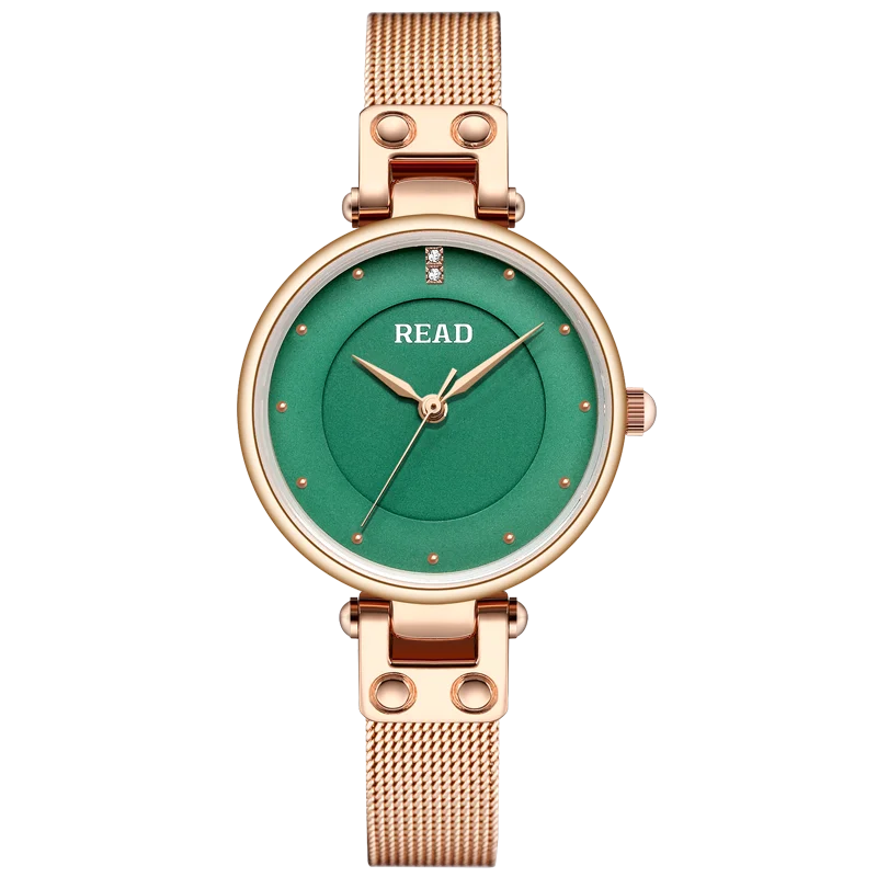READ Women Quartz Watch | Elegant Green Dial | Rose Gold Milanese Mesh Band | 30M Water Resistant Folding Clasp Watch