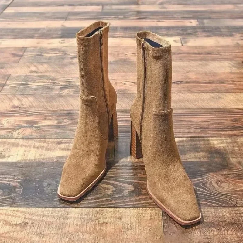 2024 nuevas botas de mujer punta cuadrada sólido corto barril tacón grueso moda señora bota cremallera antideslizante tendencia Sexy tacón alto bota diaria