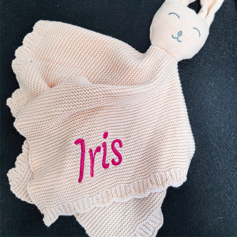 

Personalized Baby Knitted Comfort Blanket Custom Embroidered Name Soft Bunny Blanket Baby Shower Gift for Newborn Boys and Girls