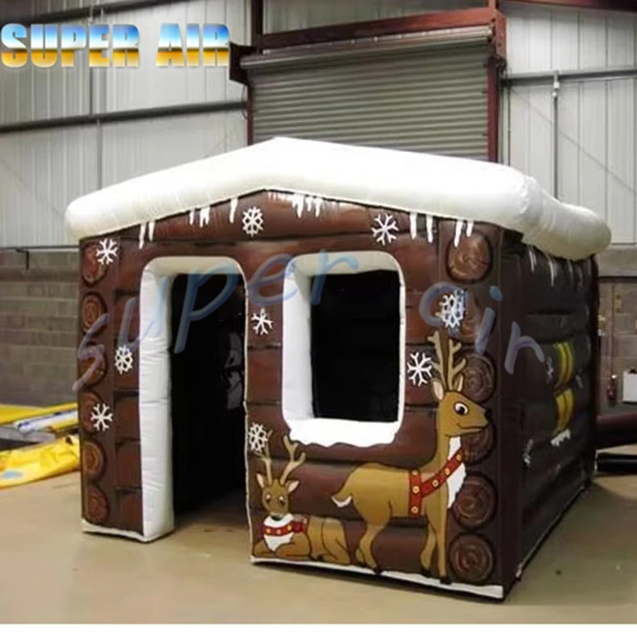 6mLX4mWX3.5mH Kerst opblaasbaar houten huis, opblaasbaar winterhuis met aangepast ontwerp voor verhuur