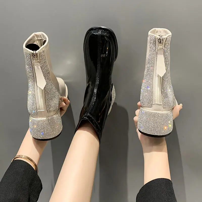 Designer Women Boots Fashion Ankle Boots for Women High Heel Square Toe Short Boots 2023 New Luxury Diamond Bling Ladies Shoes