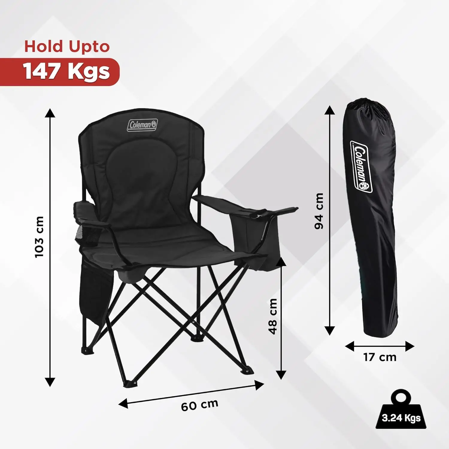 Portable Camping Chair with 4-Can Cooler, Fully Cushioned Seat and Back with Side Pocket and Cup Holder, Carry Bag Included