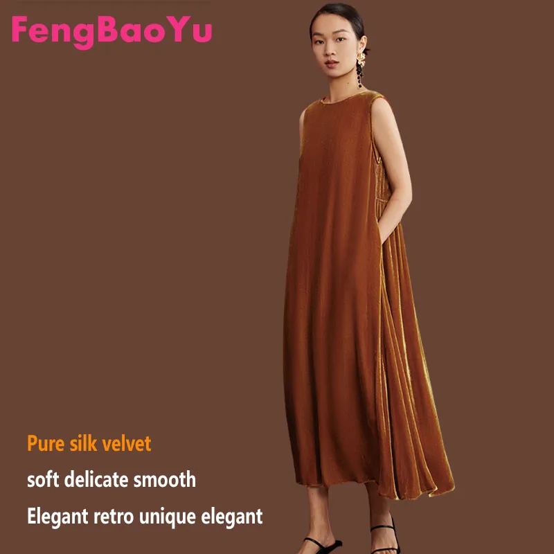 Fengbaoyu Robe femme en velours de soie naturelle - Robe longue rétro sans manches - Vêtements amples et confortables de grande taille