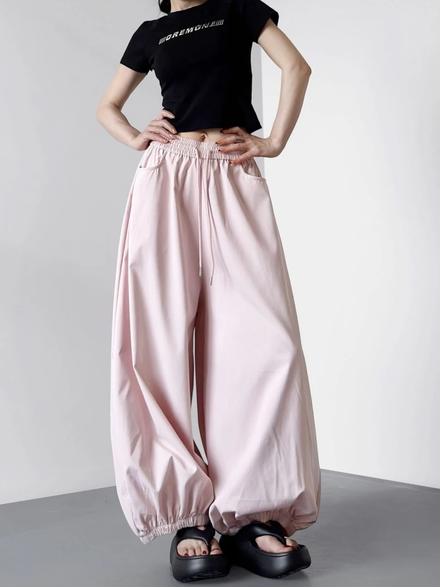 Pink High Waist Wide Leg Pants Women's Summer New Style Casual Loose Versatile Slimming Cuffed Straight Cut Sensation Trousers