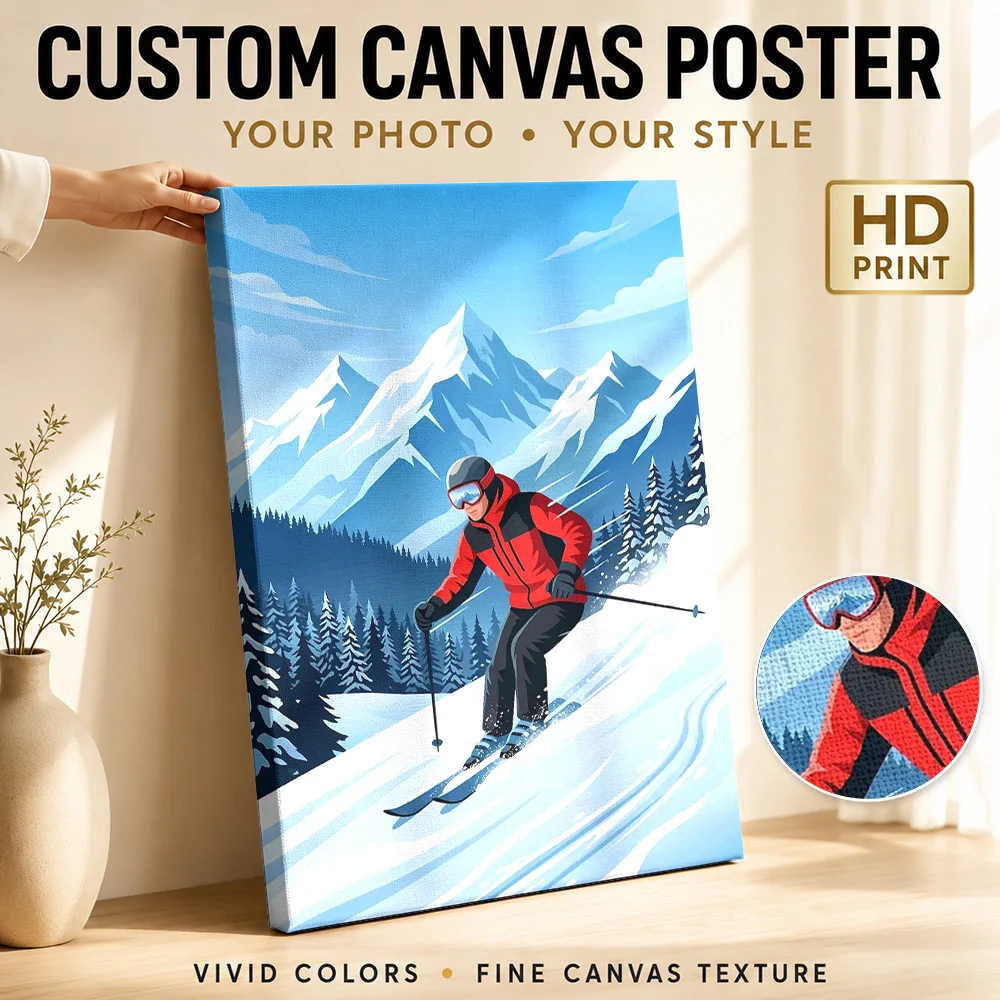 Skier on Snowy Mountain Slope Canvas Poster Custom Sports Portrait Wall Paintings Decoration for Game Room Gift for Collectors
