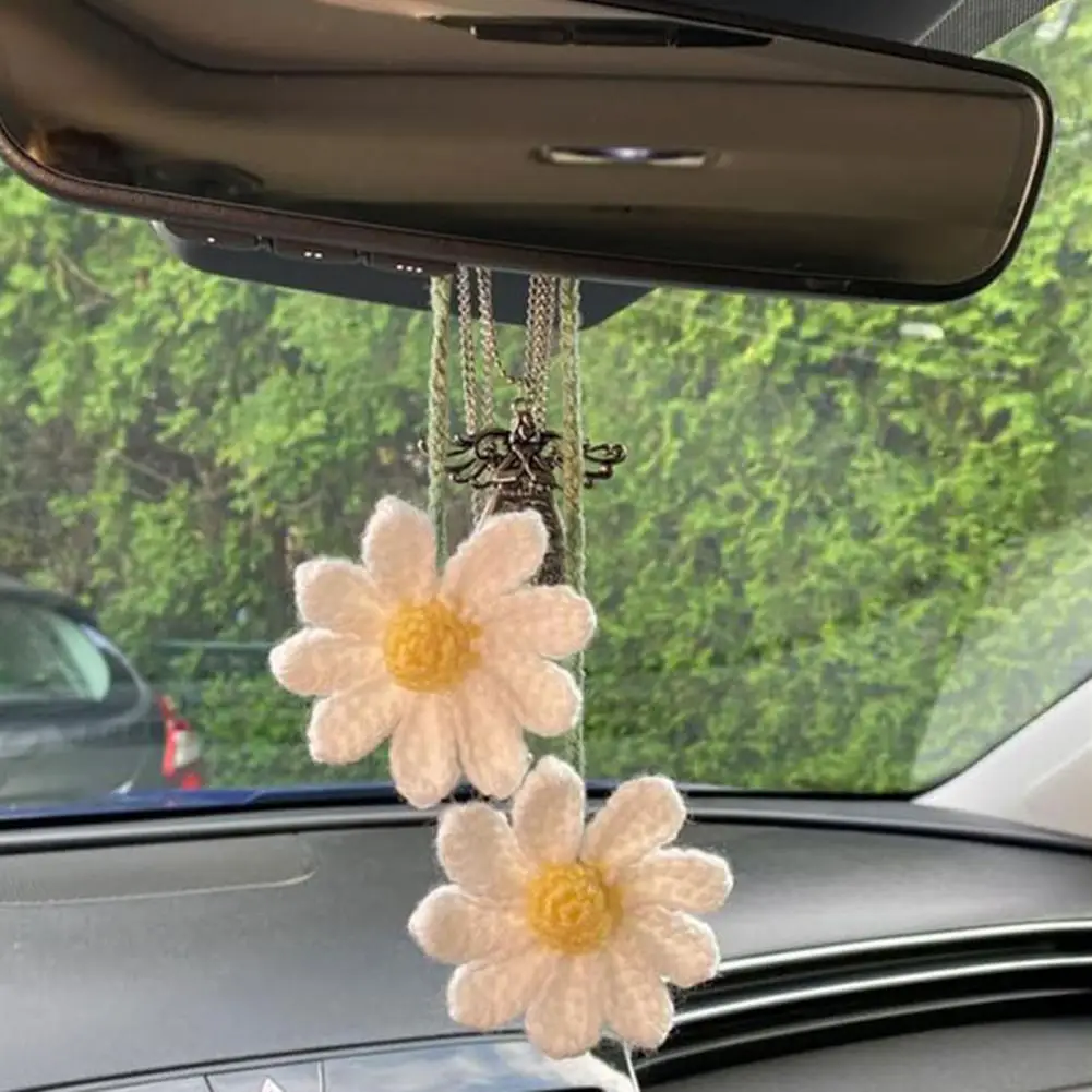 Car Ornament Crocheted Yarn Flower Rearview Mirror Decor Handmade Crochet Flower Car Charm Cute Rear View Mirror for Women