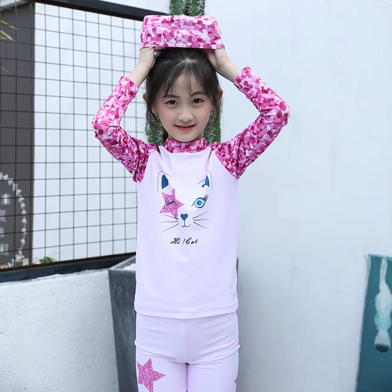 Children\'s Long Sleeve Sun-proof Swimsuit, Cartoon Cat, Cute Swimming Suit, Bath Suit, Beach Wear, Teen Girls, New, 2024, 2 Pcs
